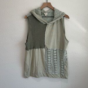 POL Womens Large Sleeveless Hoodie Lace Patchwork Green Boho Casual Cotton